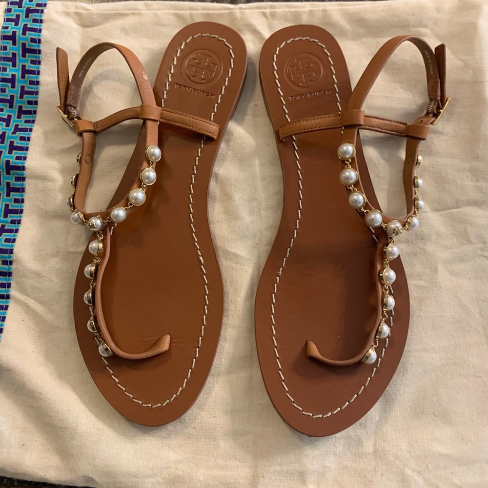 Tory Burch Emmy Pearl Studded Sandals - Tan